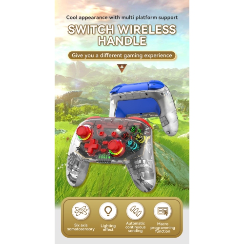 Switch Pro Controller with 6-axis wireless game vibration, transparent lighting, and Bluetooth direct connection, compatible with Android and iOS -