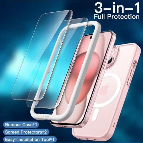 Étui magnétique 3-en-1 pour iPhone de 15 6,1&nbsp;po avec 2 protecteurs d'écran en verre trempé, compatible avec MagSafe, dos mat translucide