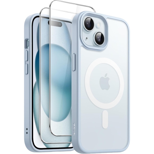 3 in 1 Magnetic Case for iPhone 15 6.1-Inch with 2 Pack Tempered Glass Screen Protectors, Compatible with MagSafe, Translucent Matte Back Shockproof