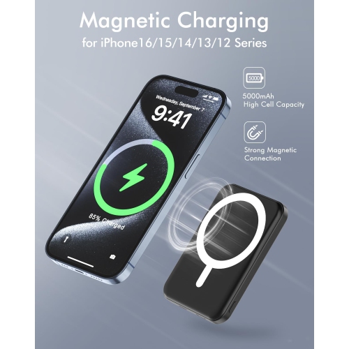 Chargeur portable MagSafe d'5000 mAh avec chargement sans fil 15 W pour iPhone 12 à 16 - Compact et facile à transporter