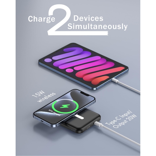 Chargeur portable MagSafe d'5000 mAh avec chargement sans fil 15 W pour iPhone 12 à 16 - Compact et facile à transporter