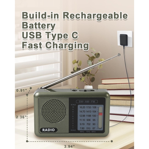 Miniradio 3 bandes de poche avec batterie rechargeable, radios portatives FM AM à ondes courtes, transmetteur de recharge type C radio SW avec prise