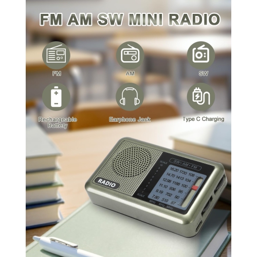 Miniradio 3 bandes de poche avec batterie rechargeable, radios portatives FM AM à ondes courtes, transmetteur de recharge type C radio SW avec prise