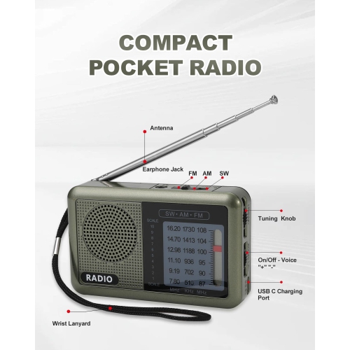 Miniradio 3 bandes de poche avec batterie rechargeable, radios portatives FM AM à ondes courtes, transmetteur de recharge type C radio SW avec prise