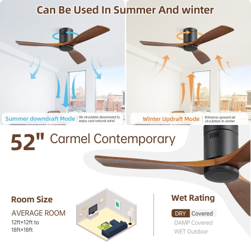 52'' Ceiling Fan Without Lights Modern Flush Mount Ceiling Fan No Light with Remote Control 3 Wood Blades for Bedroom/Farmhouse/Patio/Indoor