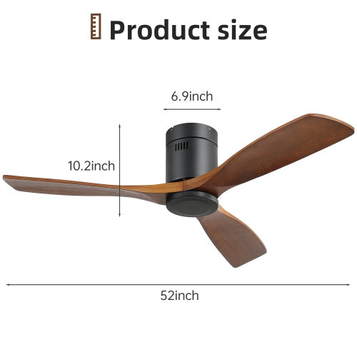 52'' Ceiling Fan Without Lights Modern Flush Mount Ceiling Fan No Light with Remote Control 3 Wood Blades for Bedroom/Farmhouse/Patio/Indoor