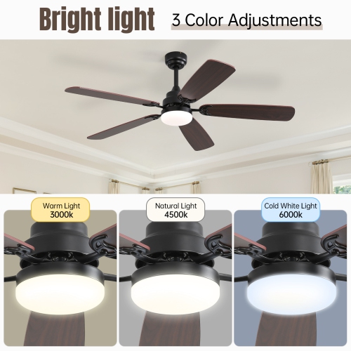 52'' Flush Mount & 3 Downrods Ceiling Fans with Lights and Remote Low Profile Ceiling Fan Reversible DC Motor for Bedroom Living Room Patio