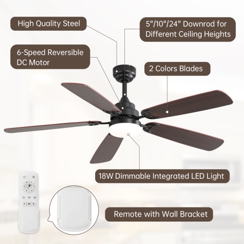 52'' Flush Mount & 3 Downrods Ceiling Fans with Lights and Remote Low Profile Ceiling Fan Reversible DC Motor for Bedroom Living Room Patio