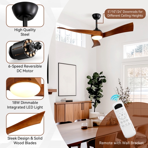 52 inch Solid Wood Ceiling Fan with Integrate LED Lights and Remote Low Profile Outdoor Indoor Modern 3 Blade Ceiling Fan for Living Room Bedroom