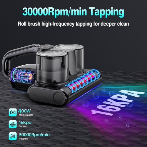 NIERBO Mattress Vacuum with 16Kpa Suction 253.7nm UV-C Light, Ultrasonic Technology, 30000 RPM Powerful Rotation HEPA Filtration, Built-in 4*2500 mAh