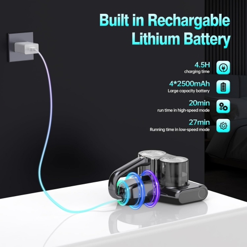 NIERBO Mattress Vacuum with 16Kpa Suction 253.7nm UV-C Light, Ultrasonic Technology, 30000 RPM Powerful Rotation HEPA Filtration, Built-in 4*2500 mAh