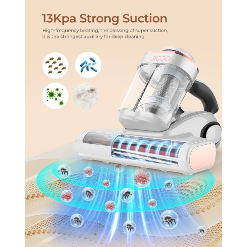 JIGOO Bed Vacuum Cleaner, Mattress Vacuum Cleaner with UV & Ultrasonic and High Heating, 13Kpa Suction 500W Powerful Double Cup Handheld Vacuums