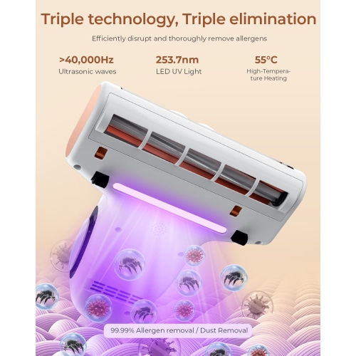 JIGOO Bed Vacuum Cleaner, Mattress Vacuum Cleaner with UV & Ultrasonic and High Heating, 13Kpa Suction 500W Powerful Double Cup Handheld Vacuums