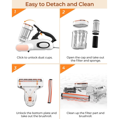 JIGOO Bed Vacuum Cleaner, Mattress Vacuum Cleaner with UV & Ultrasonic and High Heating, 13Kpa Suction 500W Powerful Double Cup Handheld Vacuums