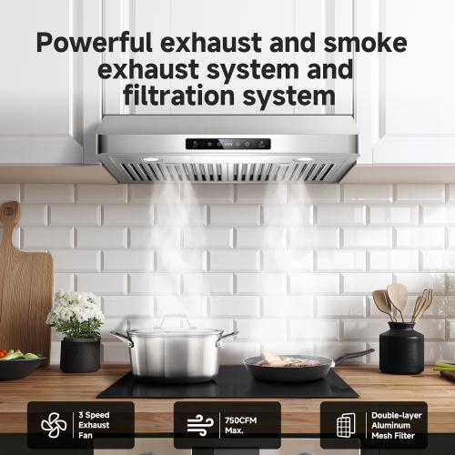 30" Under Cabinet Range Hood, 700CFM Stainless Steel Kitchen Vent, 3 Speed, Touch & Remote Control, LED Lights, Timer, Dishwasher-Safe Baffle Filters
