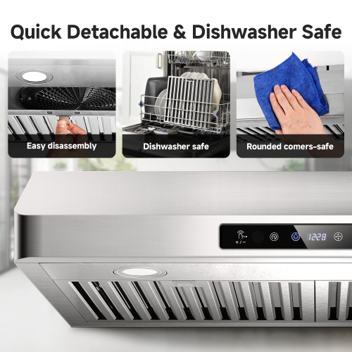 30" Under Cabinet Range Hood, 700CFM Stainless Steel Kitchen Vent, 3 Speed, Touch & Remote Control, LED Lights, Timer, Dishwasher-Safe Baffle Filters