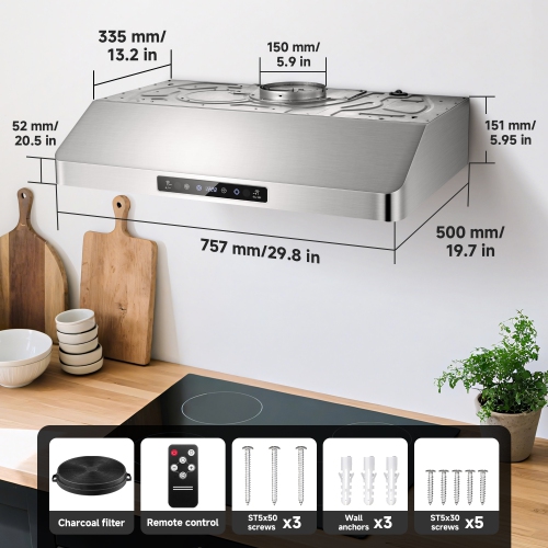 30" Under Cabinet Range Hood, 700CFM Stainless Steel Kitchen Vent, 3 Speed, Touch & Remote Control, LED Lights, Timer, Dishwasher-Safe Baffle Filters