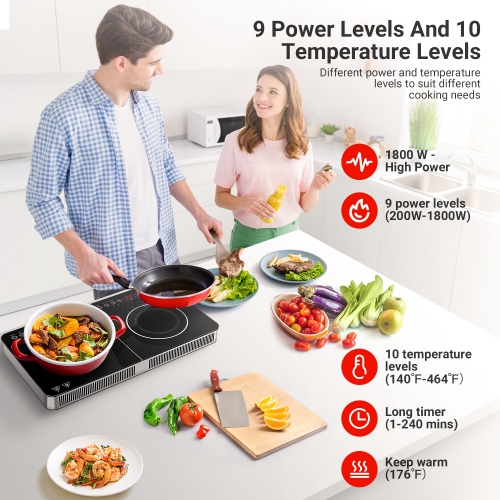 1800W Max Power Double Induction Cooktop, Portable 2-Burner Induction Stove, Ultrathin Design, 10 Temperature Settings, Multiple Power Levels, 4-Hour
