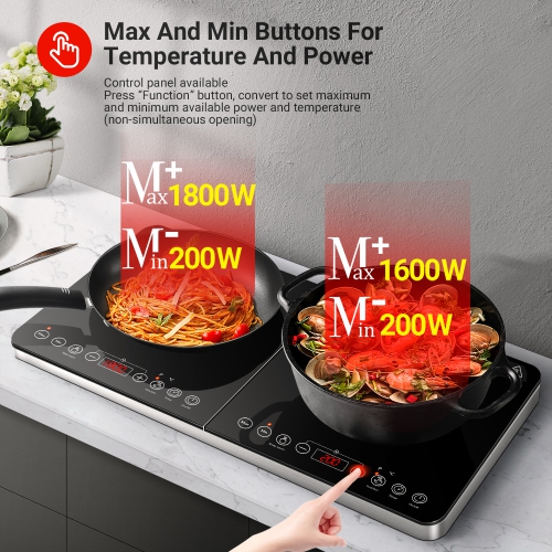 1800W Max Power Double Induction Cooktop, Portable 2-Burner Induction Stove, Ultrathin Design, 10 Temperature Settings, Multiple Power Levels, 4-Hour