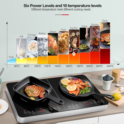 1800W Max Power Double Induction Cooktop, Portable 2-Burner Induction Stove, Ultrathin Design, 10 Temperature Settings, Multiple Power Levels, 4-Hour