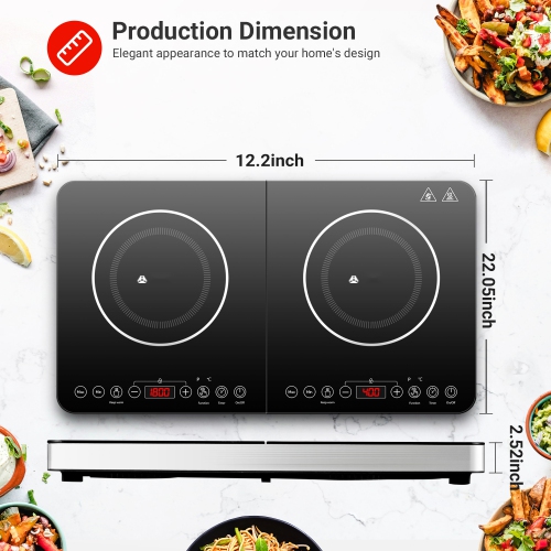 1800W Max Power Double Induction Cooktop, Portable 2-Burner Induction Stove, Ultrathin Design, 10 Temperature Settings, Multiple Power Levels, 4-Hour