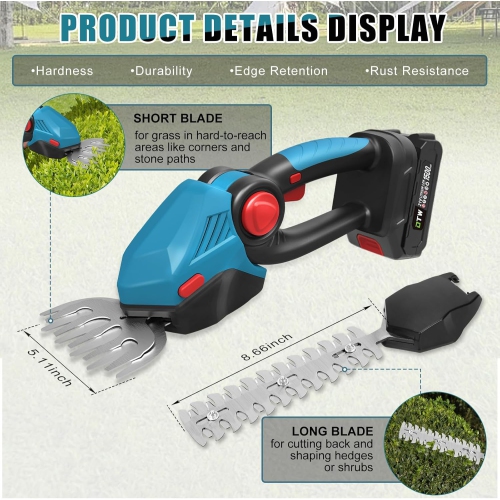 2-in-1 Electric Trimmer Set, Grass Shears, Shrub Shears, Electric Hedge Trimmer, Cordless Handheld Lawn Shears with Battery and Blades, Gardening