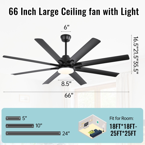 Large Industrial Smart Ceiling Fans with Lights and Remote & APP Control 8 ABS Blades 6-Speed Powerful DC Motor Reversible For Home/Commercial/Outdoor