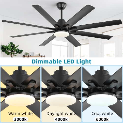 Large Industrial Smart Ceiling Fans with Lights and Remote & APP Control 8 ABS Blades 6-Speed Powerful DC Motor Reversible For Home/Commercial/Outdoor