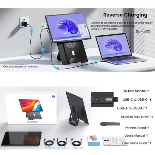 Prolongateur d'écran pour portable de 16 po TUTT avec support 16:10 Rapport USB-C/HDMI + haut-parleur | Moniteur portatif à positions multiples