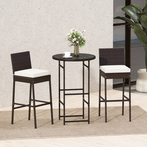 Costway 3 Piece Outdoor Bar Set Patio Rattan Bar Height Table & Chairs with Glass Tabletop