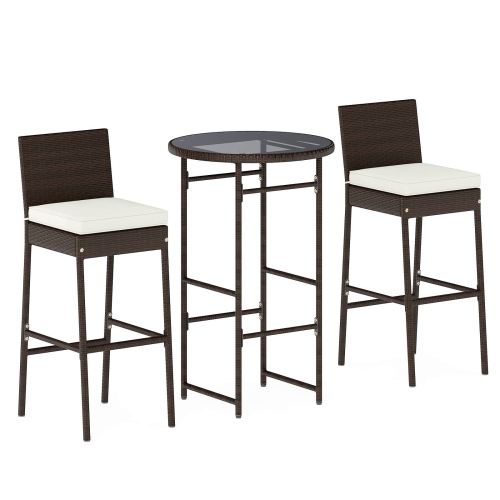 Costway 3 Piece Outdoor Bar Set Patio Rattan Bar Height Table & Chairs with Glass Tabletop