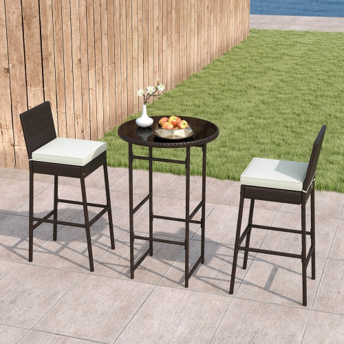 Costway 3 Piece Outdoor Bar Set Patio Rattan Bar Height Table & Chairs with Glass Tabletop