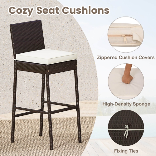 Costway 3 Piece Outdoor Bar Set Patio Rattan Bar Height Table & Chairs with Glass Tabletop