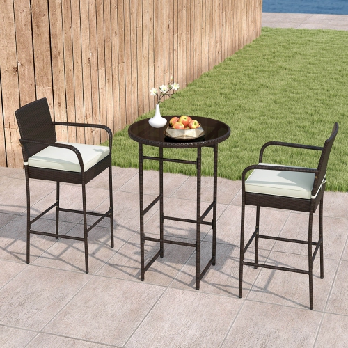 Costway 3 Piece Outdoor Bar Set Heavy-Duty Metal Barstool & Table Set with Glass Tabletop