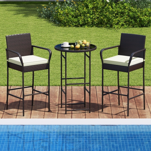 Costway 3 Piece Outdoor Bar Set Heavy-Duty Metal Barstool & Table Set with Glass Tabletop