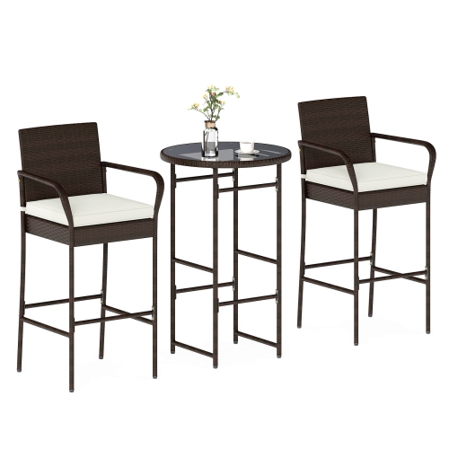 Costway 3 Piece Outdoor Bar Set Heavy-Duty Metal Barstool & Table Set with Glass Tabletop