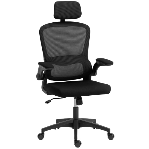 HOMCOM Ergonomic Office Chair, High Back Desk Chair with Rotatable Headrest, Flip-Up Armrests, Lumbar Support, Mesh Swivel Computer Seat with Tilt