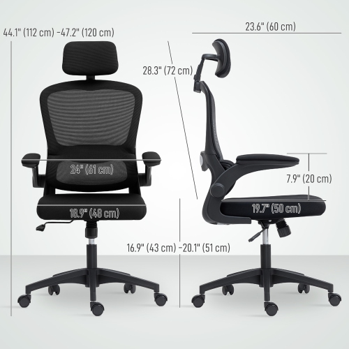 HOMCOM Ergonomic Office Chair, High Back Desk Chair with Rotatable Headrest, Flip-Up Armrests, Lumbar Support, Mesh Swivel Computer Seat with Tilt