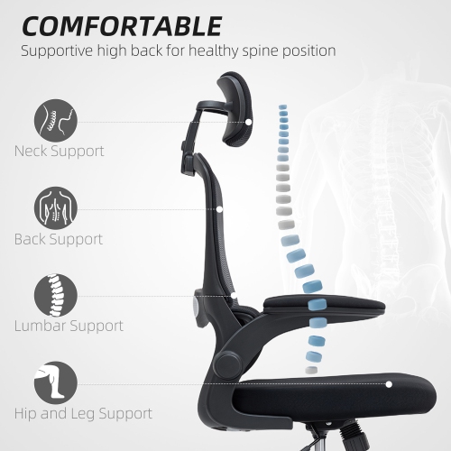 HOMCOM Ergonomic Office Chair, High Back Desk Chair with Rotatable Headrest, Flip-Up Armrests, Lumbar Support, Mesh Swivel Computer Seat with Tilt