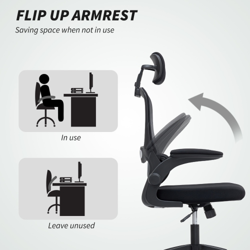 HOMCOM Ergonomic Office Chair, High Back Desk Chair with Rotatable Headrest, Flip-Up Armrests, Lumbar Support, Mesh Swivel Computer Seat with Tilt