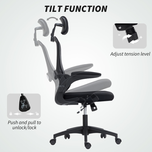 HOMCOM Ergonomic Office Chair, High Back Desk Chair with Rotatable Headrest, Flip-Up Armrests, Lumbar Support, Mesh Swivel Computer Seat with Tilt