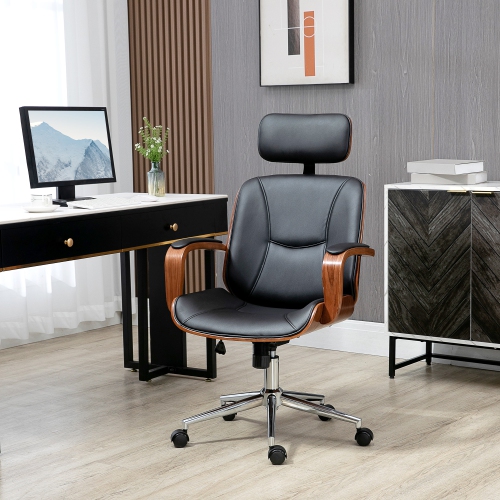HOMCOM Office Chair, PU Leather High Back Desk Chair with Removable Headrest, Adjustable Height, Tilt Function and with Swivel Wheels, Black