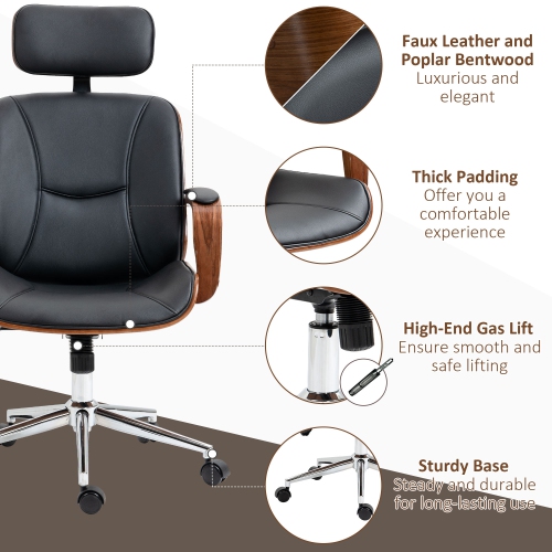 HOMCOM Office Chair, PU Leather High Back Desk Chair with Removable Headrest, Adjustable Height, Tilt Function and with Swivel Wheels, Black