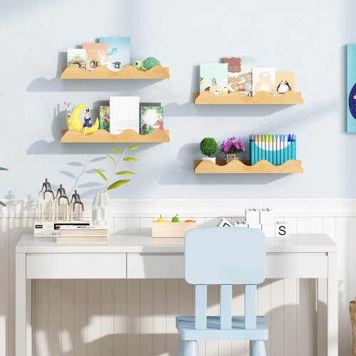 Costway Kids Bookshelf Set of 4 with Fir Wood Structure & Wavy Anti-Falling Edge