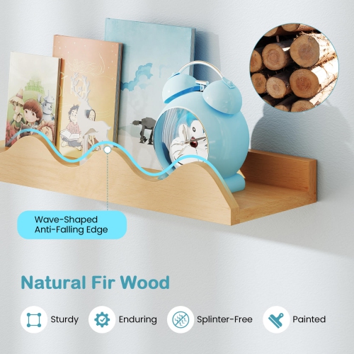 Costway Kids Bookshelf Set of 4 with Fir Wood Structure & Wavy Anti-Falling Edge