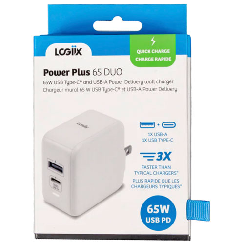 Chargeur mural USB-A/USB-C GaN de 65 W Power Plus Duo de LOGiiX - Blanc