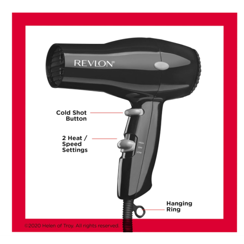 Revlon RVDR5034F Compact Hair Dryer, Lightweight, Multiple Heat/Speed Settings, Travel Friendly, Black