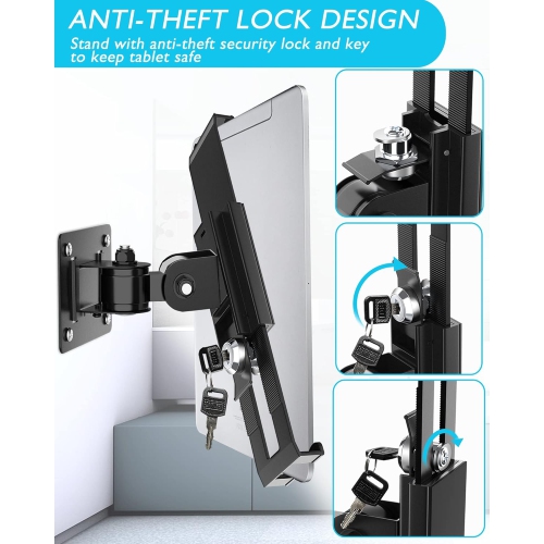 Keuvirya iPad Wall Mount, Security Anti-Theft Tablet Wall Mount Holder with Lock and Keys, 360° Swivel iPad Pro Mount, Compatible with 7-11 Inch