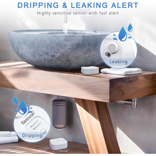 Geevon détecteurs 5 de fuites d'eau pour la maison, 100&nbsp;dB détecteurs de fuites puissants avec alerte de goutte pour la cuisine, le sous-sol, la