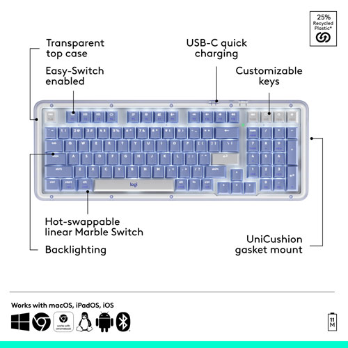 Logitech Alto Keys K98M Bluetooth Backlit Mechanical Full-Size Keyboard - Lilac - English